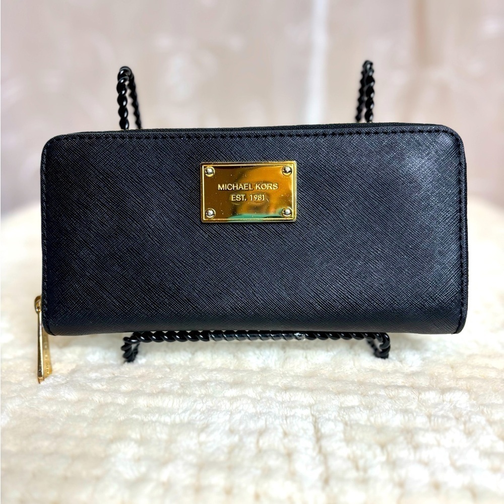 Michael Kors Large Black Saffiano Leather Zip Around Wallet, Women’s